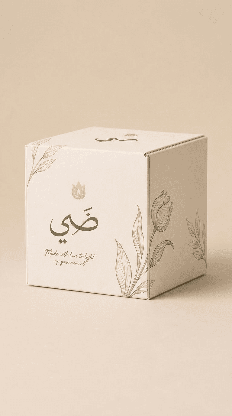 علبة ضيّ بلون كريمي، مزيّنة برسوم نباتية رفيعة وشعار الماركة